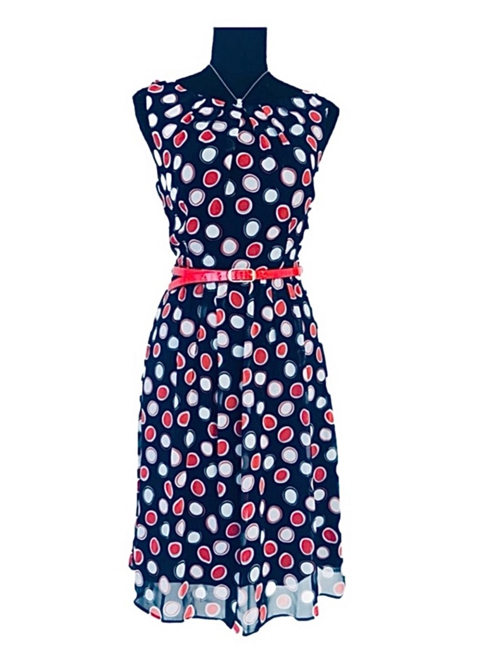 DRESSBARN ~ Navy Midi Dress with White and Red Polka Dots Red Skinny Belt